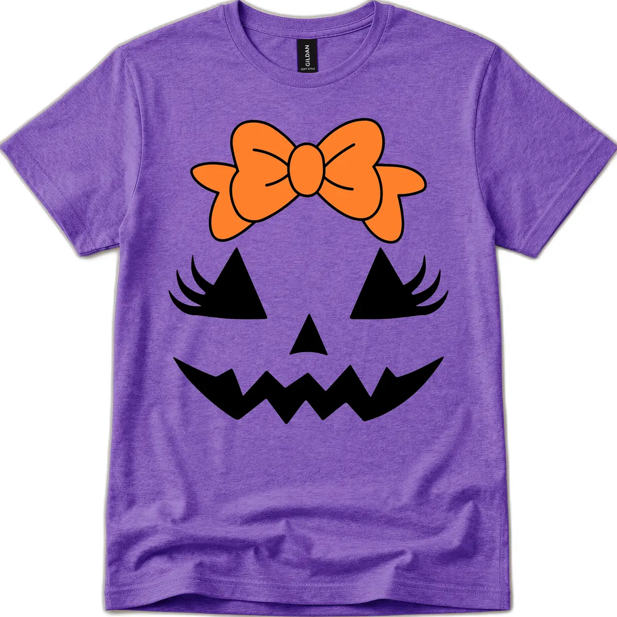Cute Pumpkin Face With Bow T-Shirt in Heather Purple