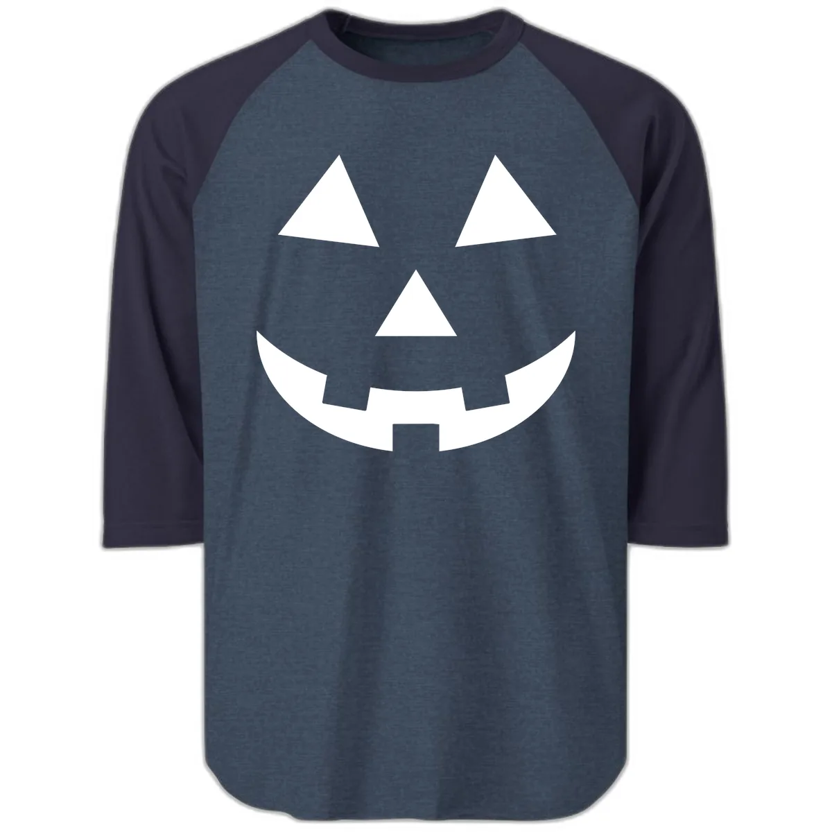 Classic Jack-o-Lantern Face Raglan 3/4 in Heather Denim Navy