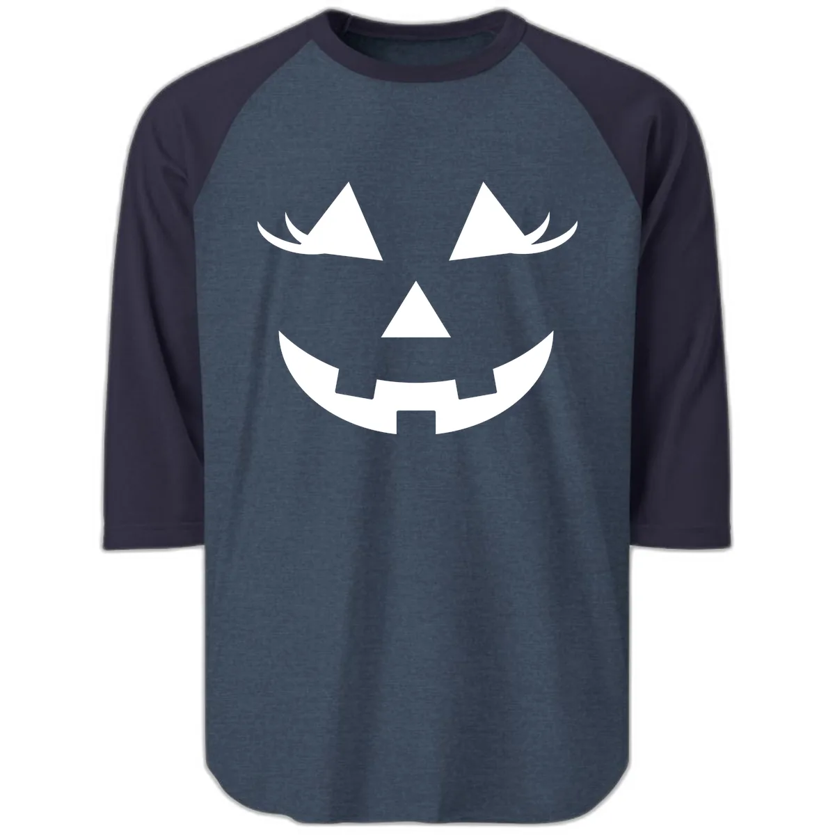 Jack O Lantern Grinning Face Raglan 3/4 in Heather Denim Navy