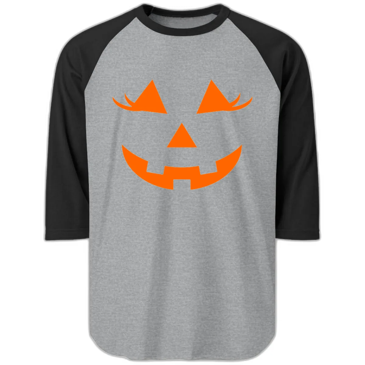 Jack O Lantern Grinning Face Raglan 3/4 in Heather Grey/Black