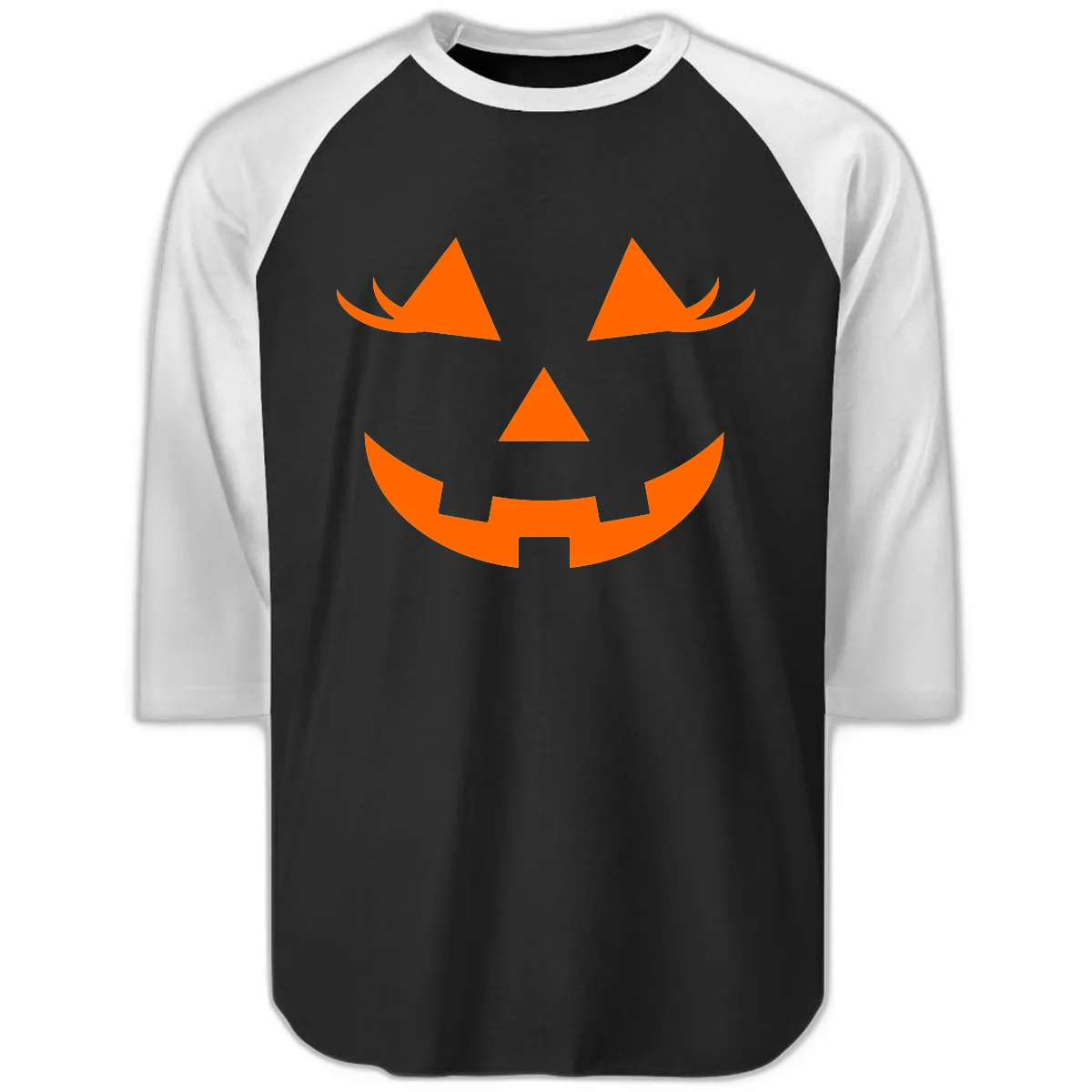 Jack O Lantern Grinning Face Raglan 3/4 in Black White