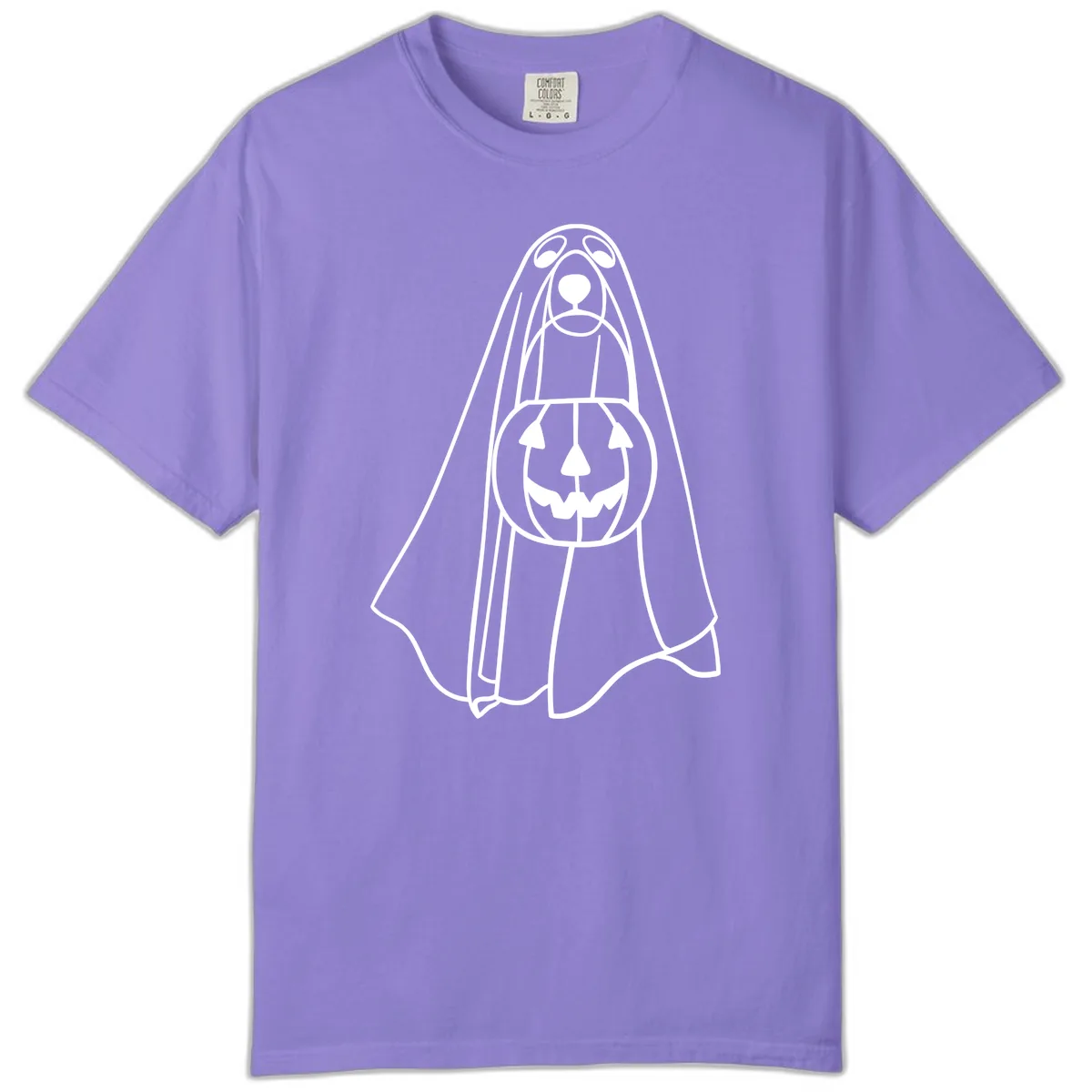 Dog Ghost With Pumpkin Candy Bucket Comfort Color in Violet