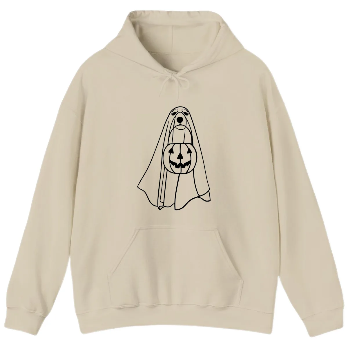 Dog Ghost With Pumpkin Candy Bucket Hoodie in Sand