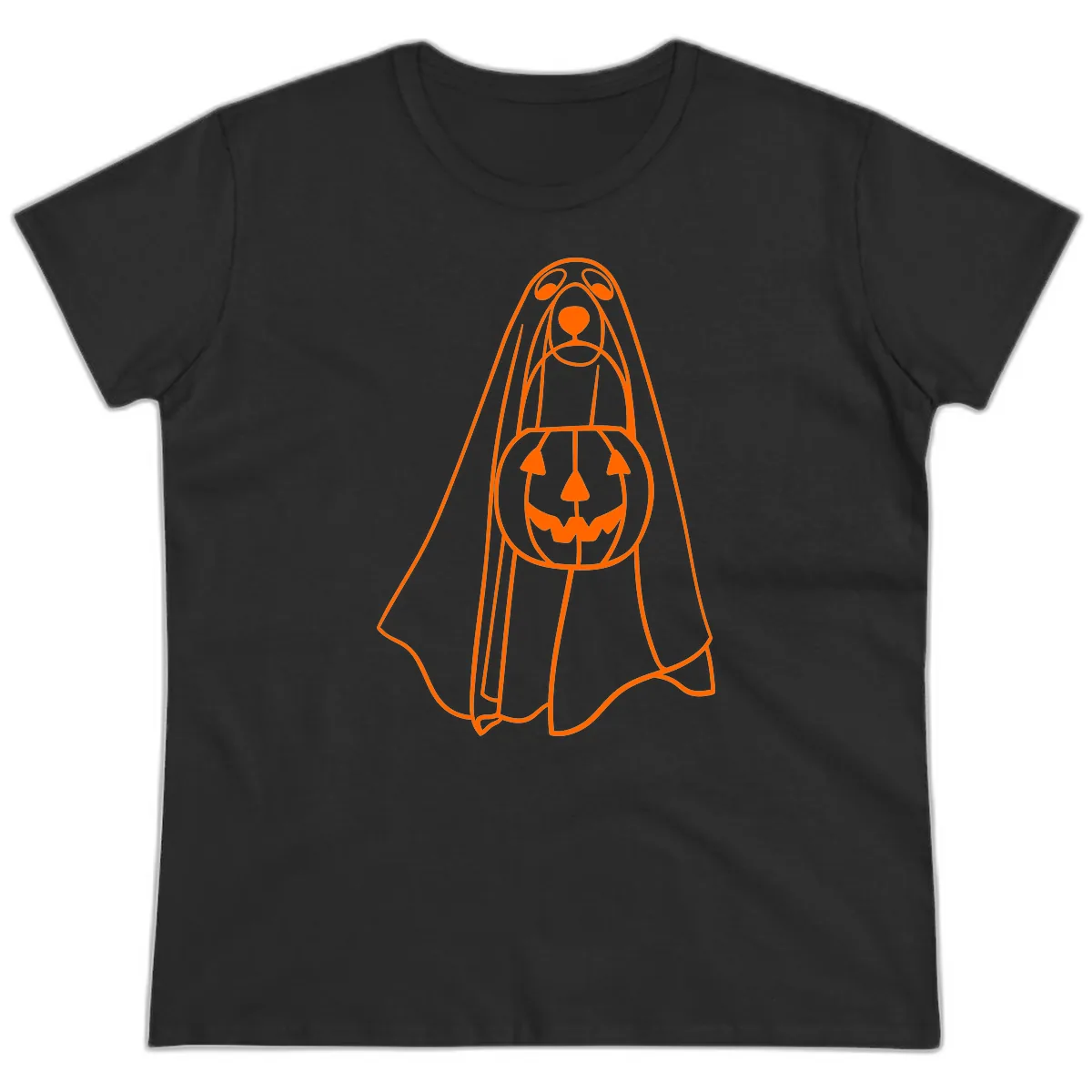 Dog Ghost With Pumpkin Candy Bucket Ladies Tee in Black