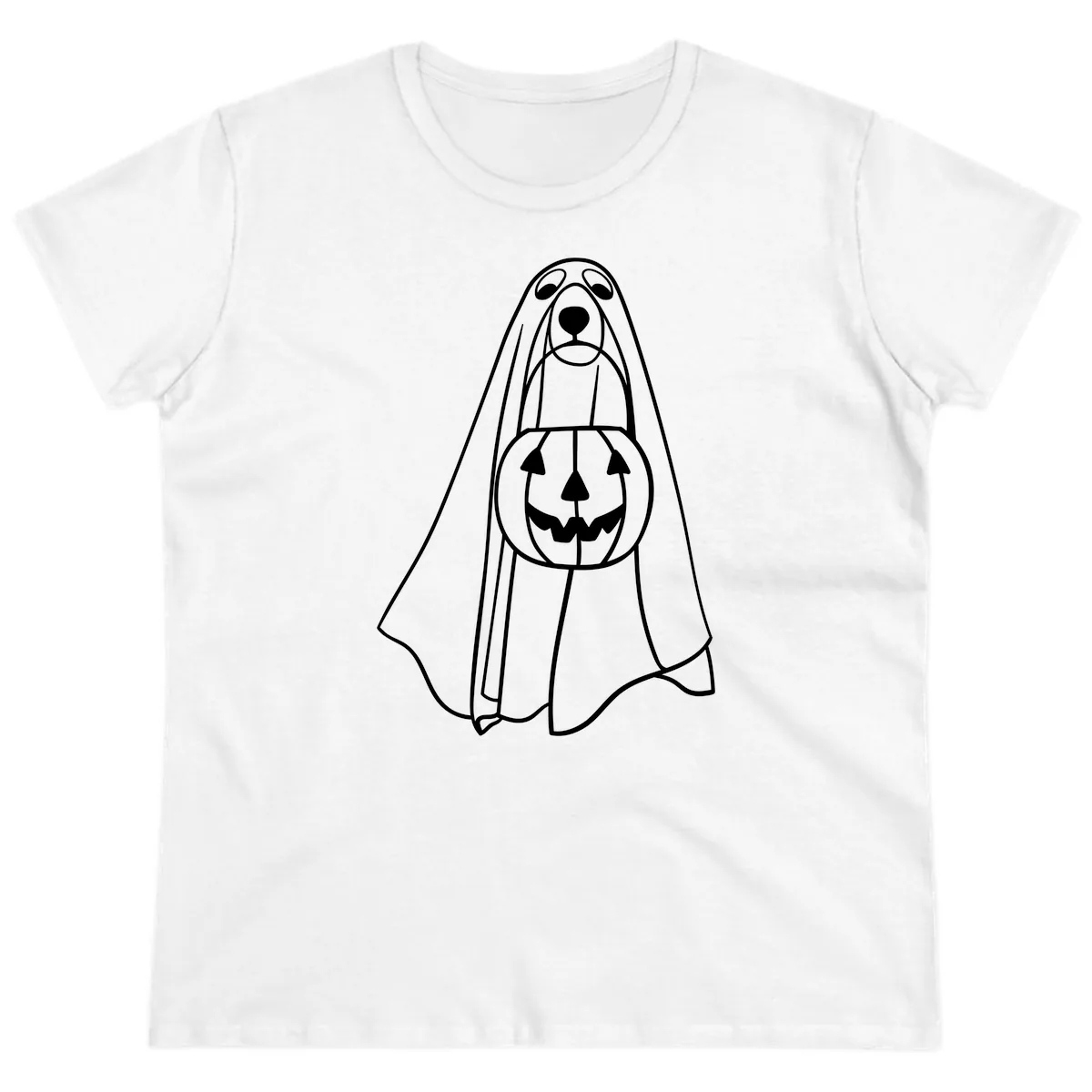 Dog Ghost With Pumpkin Candy Bucket Ladies Tee in White