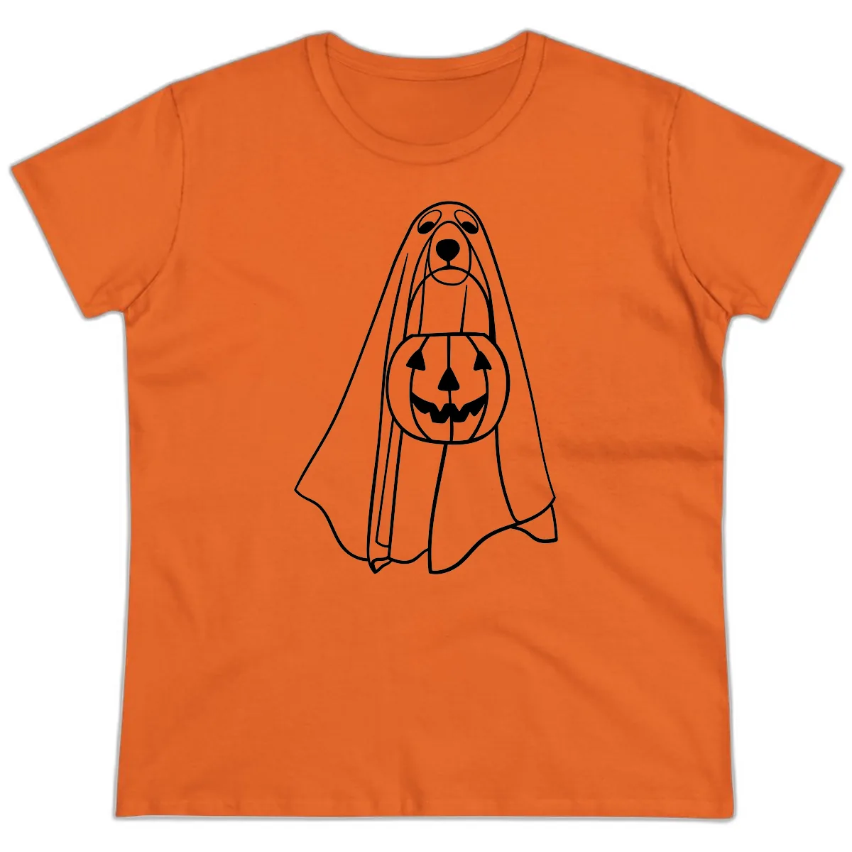 Dog Ghost With Pumpkin Candy Bucket Ladies Tee in Orange