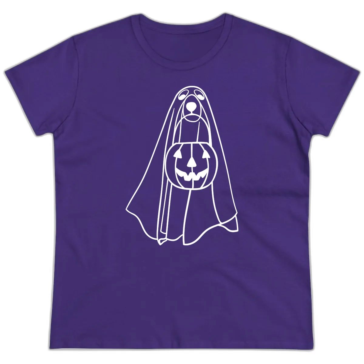 Dog Ghost With Pumpkin Candy Bucket Ladies Tee in Purple