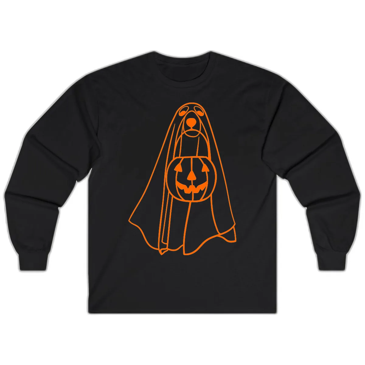 Dog Ghost With Pumpkin Candy Bucket Long Sleeve in Black