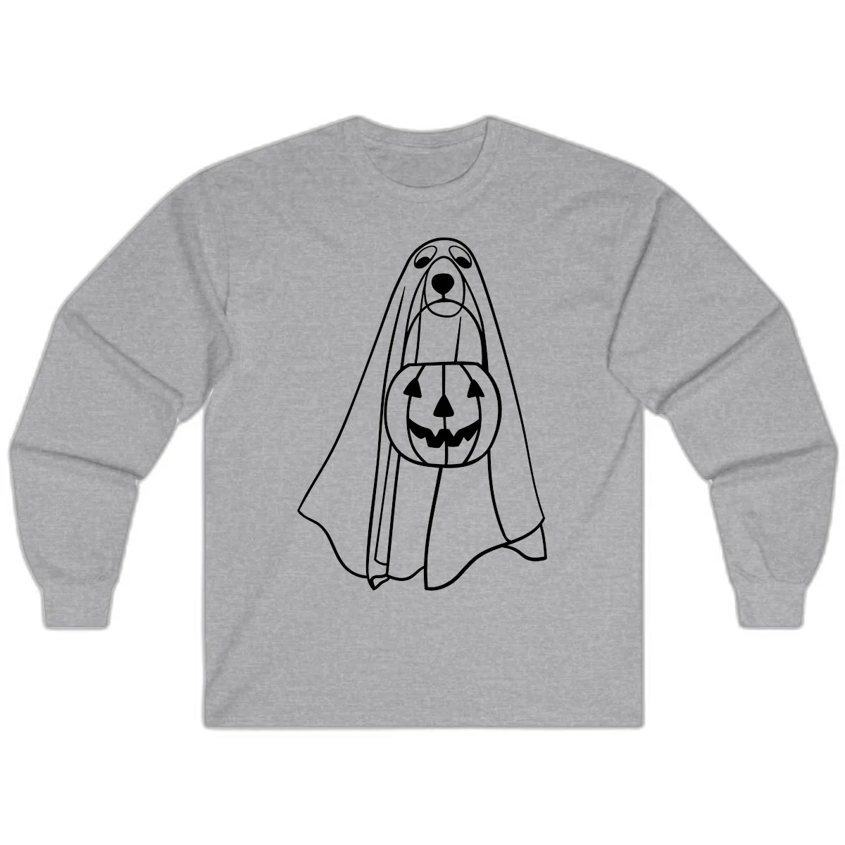 Dog Ghost With Pumpkin Candy Bucket Long Sleeve in Sport Grey