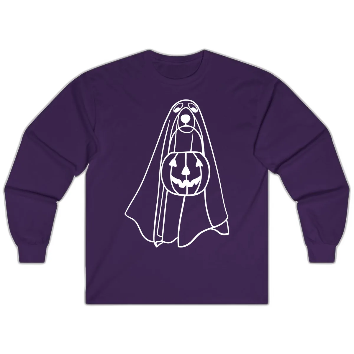 Dog Ghost With Pumpkin Candy Bucket Long Sleeve in Purple
