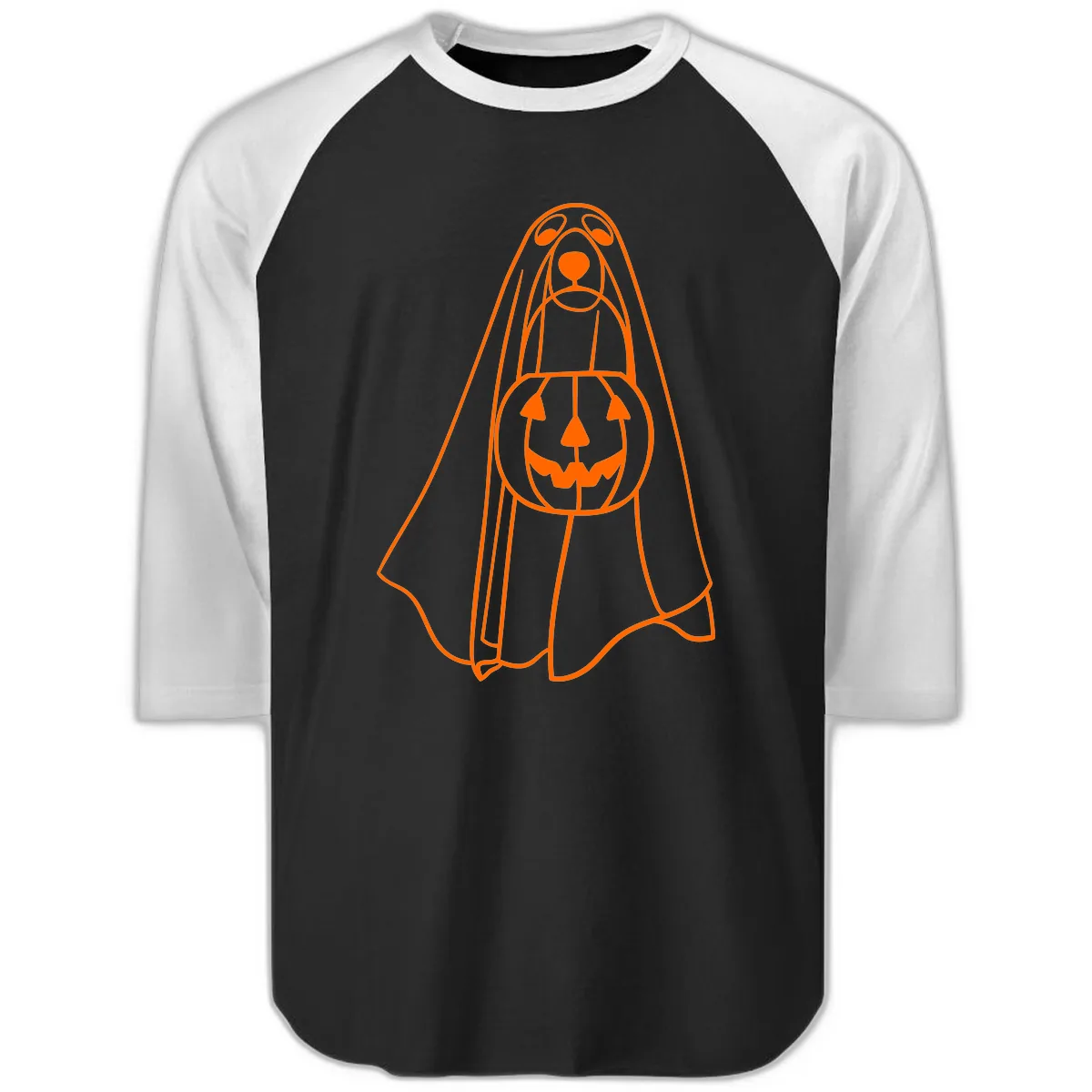 Dog Ghost With Pumpkin Candy Bucket Raglan 3/4 in Black White