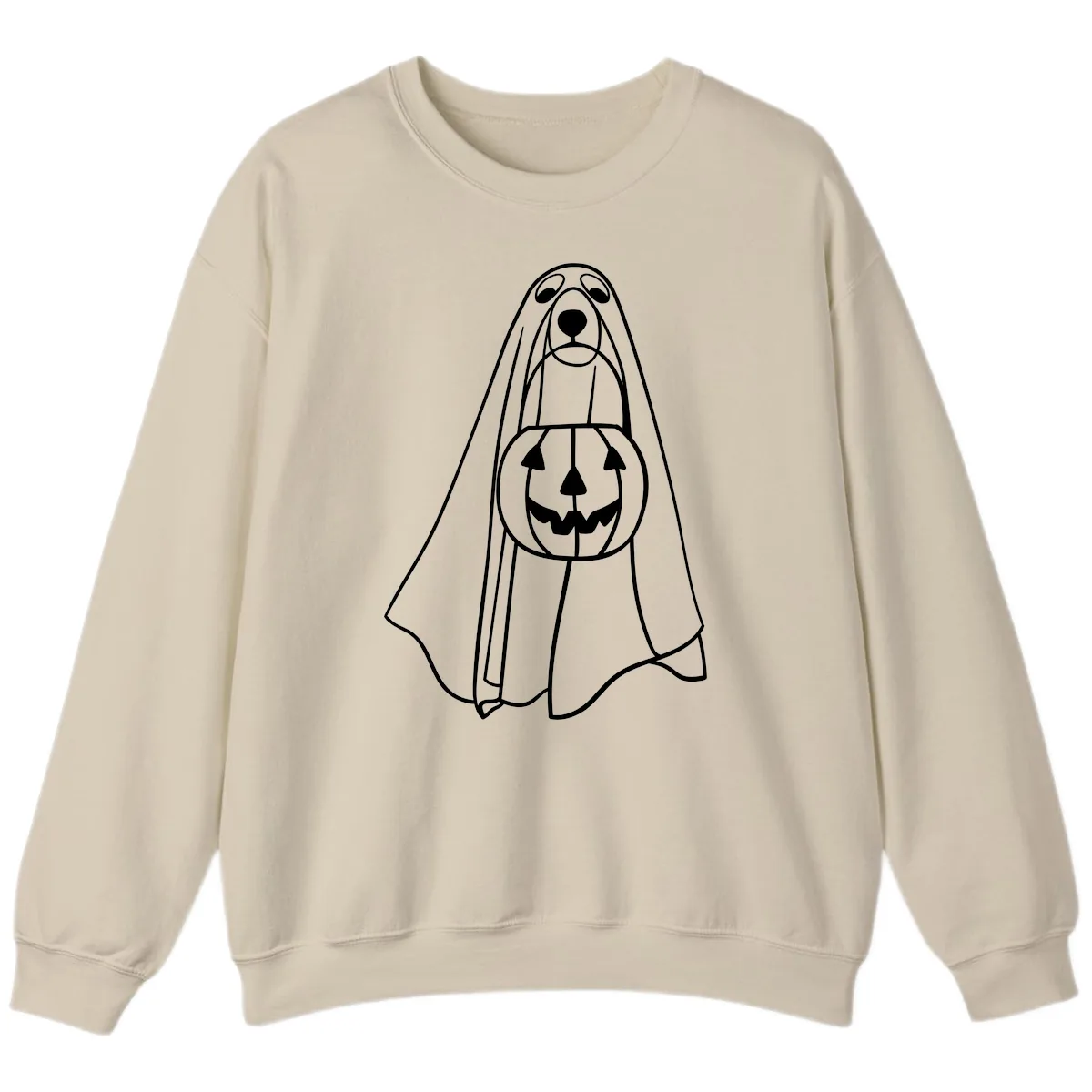 Dog Ghost With Pumpkin Candy Bucket Sweatshirt in Sand