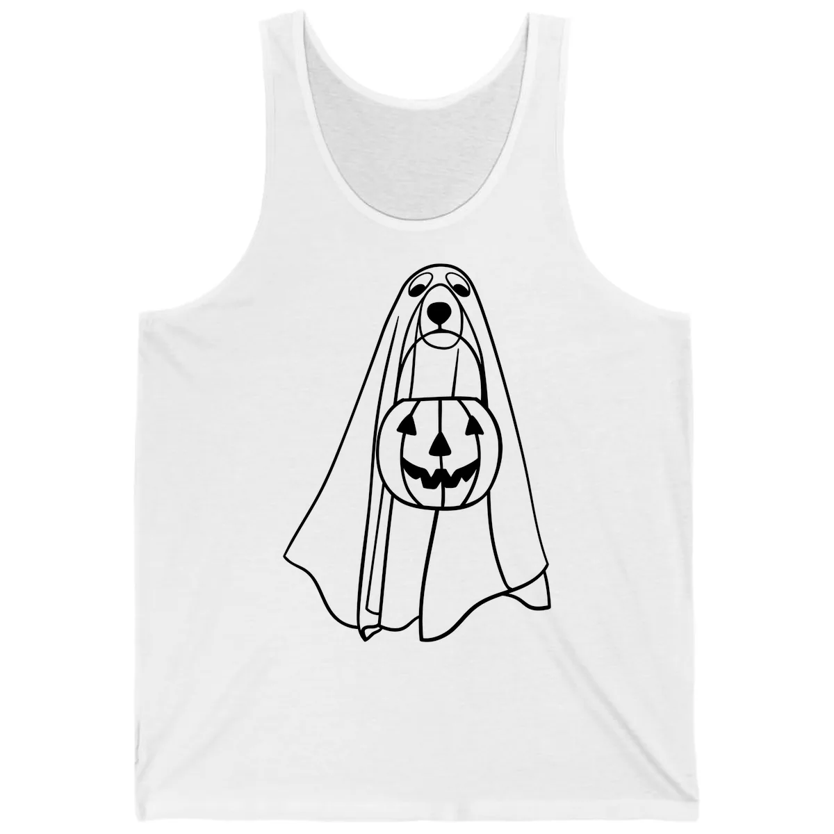 Dog Ghost With Pumpkin Candy Bucket Tank in White