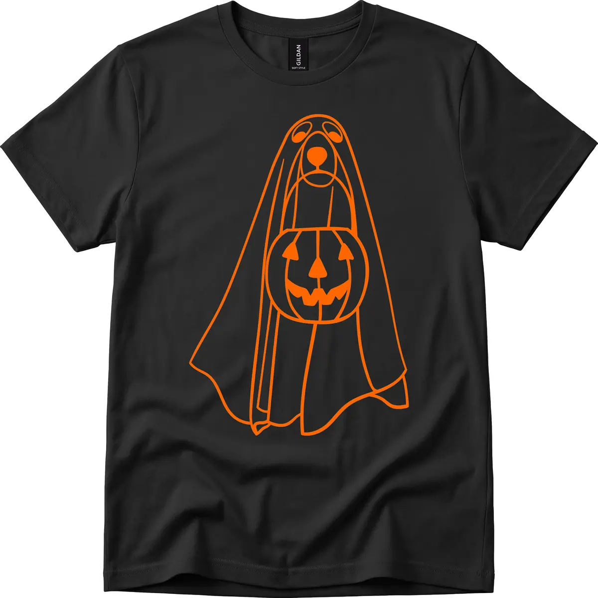 Dog Ghost With Pumpkin Candy Bucket T-Shirt in Black