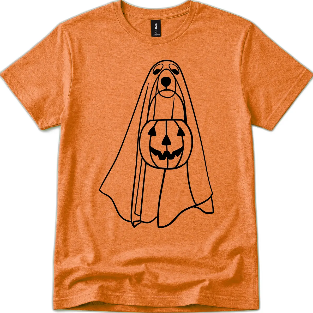 Dog Ghost With Pumpkin Candy Bucket T-Shirt in Heather Orange
