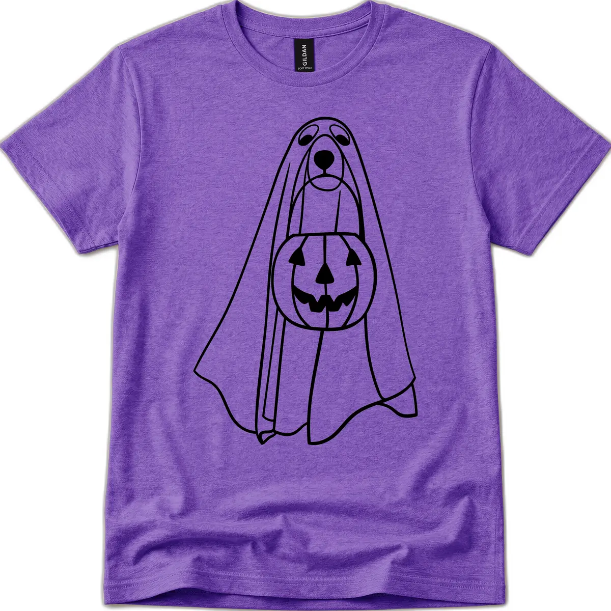 Dog Ghost With Pumpkin Candy Bucket T-Shirt in Heather Purple