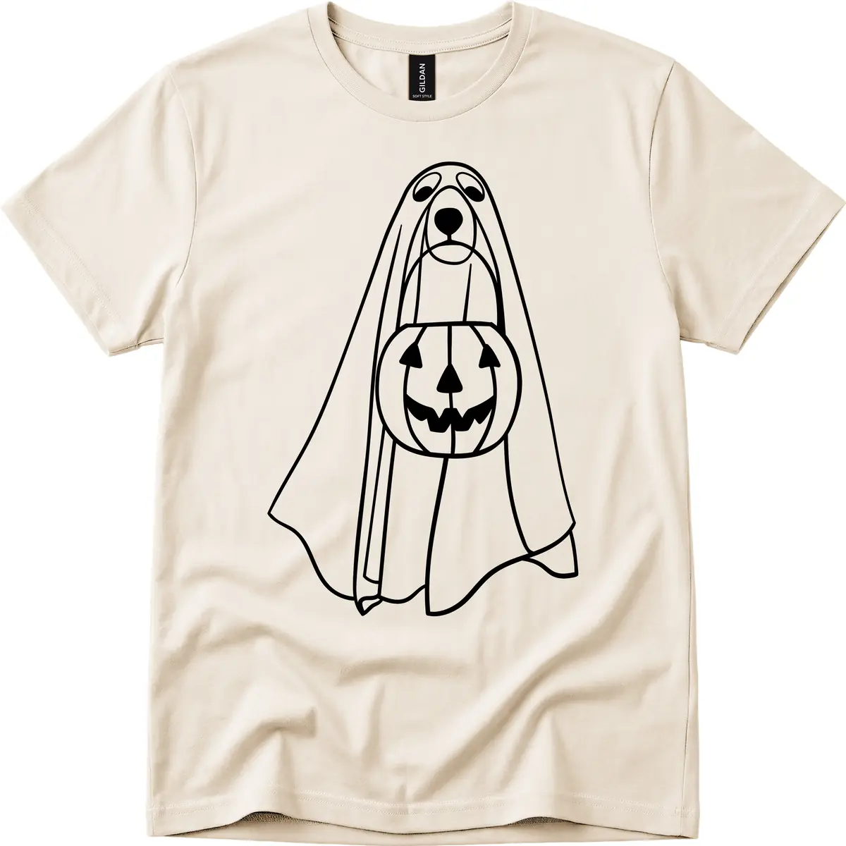 Dog Ghost With Pumpkin Candy Bucket T-Shirt in Natural
