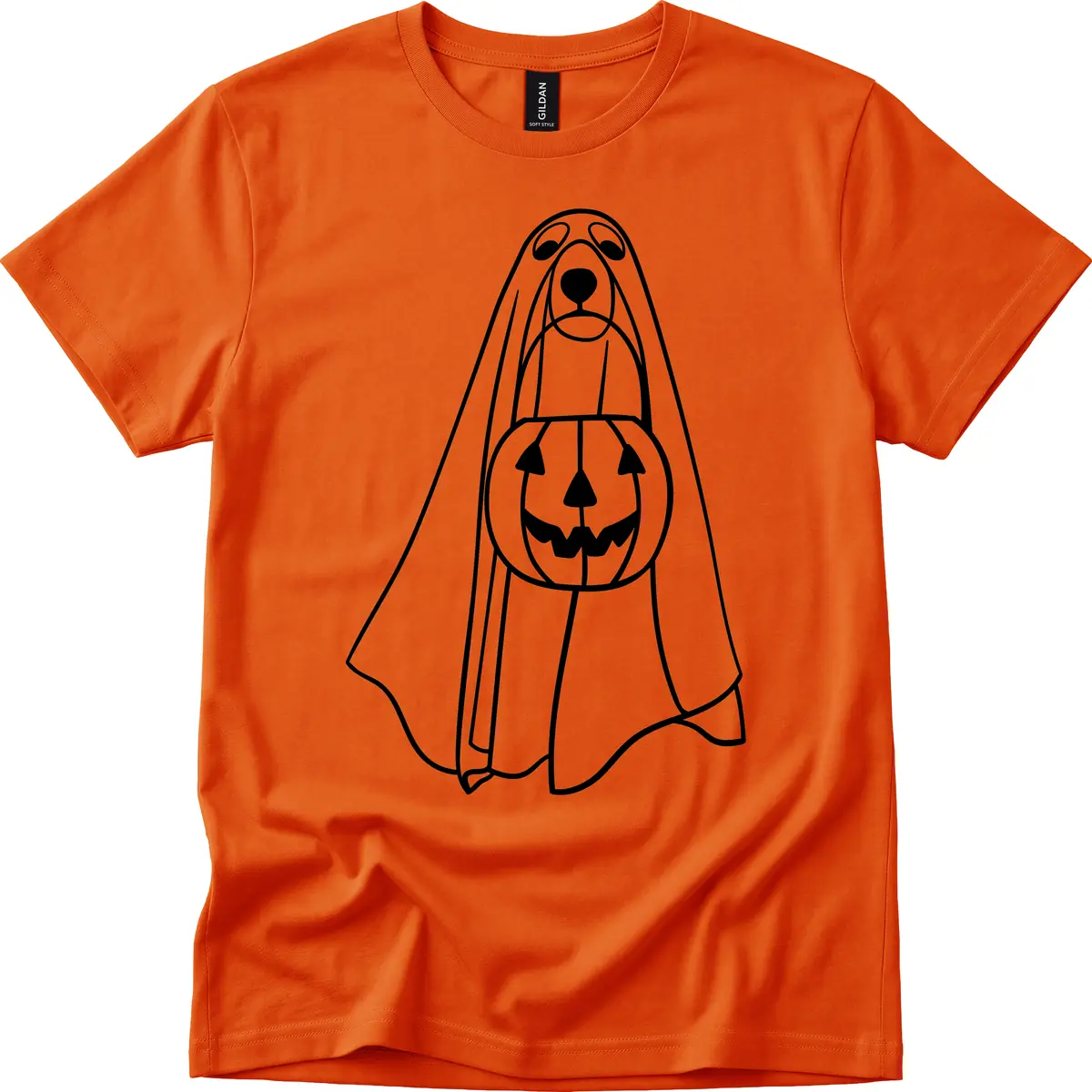 Dog Ghost With Pumpkin Candy Bucket T-Shirt in Orange