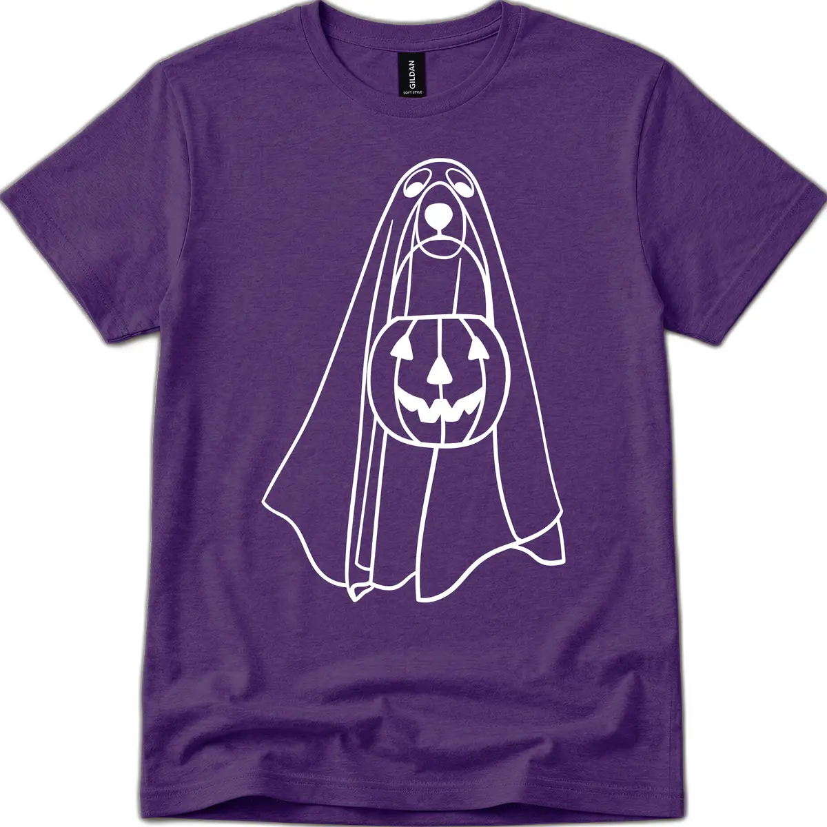 Dog Ghost With Pumpkin Candy Bucket T-Shirt in Purple