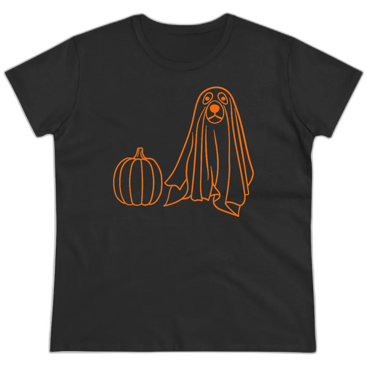 Dog Ghost And Pumpkin Halloween Ladies Tee in Black