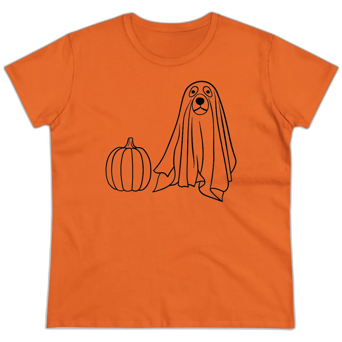 Dog Ghost And Pumpkin Halloween Ladies Tee in Orange