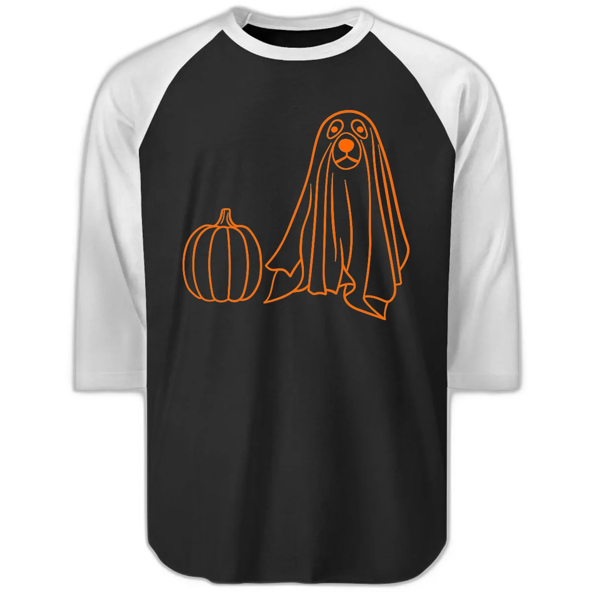 Dog Ghost And Pumpkin Halloween Raglan 3/4 in Black White