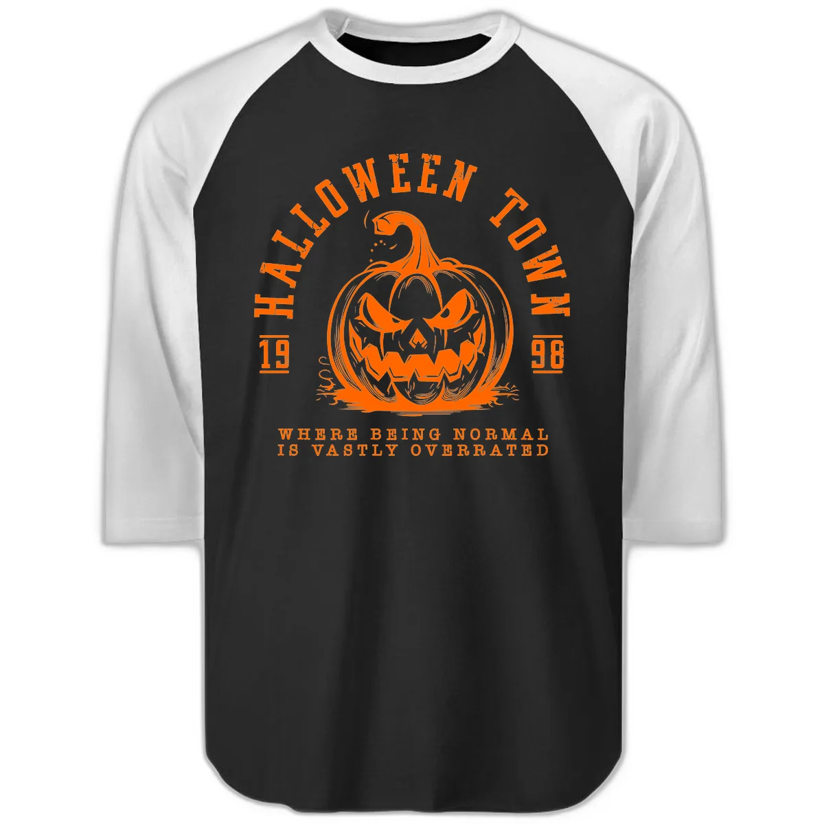 Halloween Town Spooky Pumpkin Design Raglan 3/4 in Black White