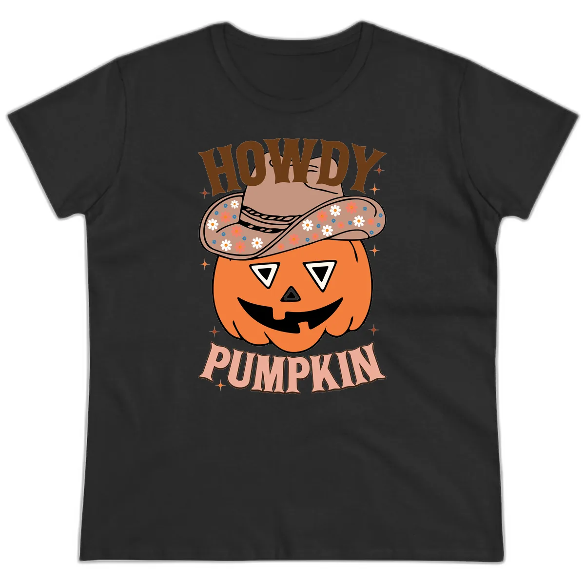Howdy Pumpkin Cowboy Hat Ladies Tee in Black