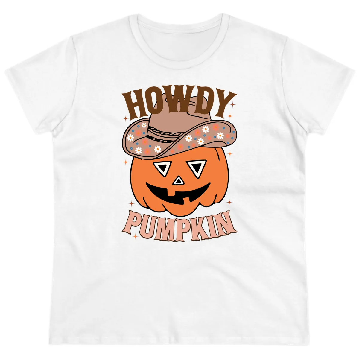 Howdy Pumpkin Cowboy Hat Ladies Tee in White