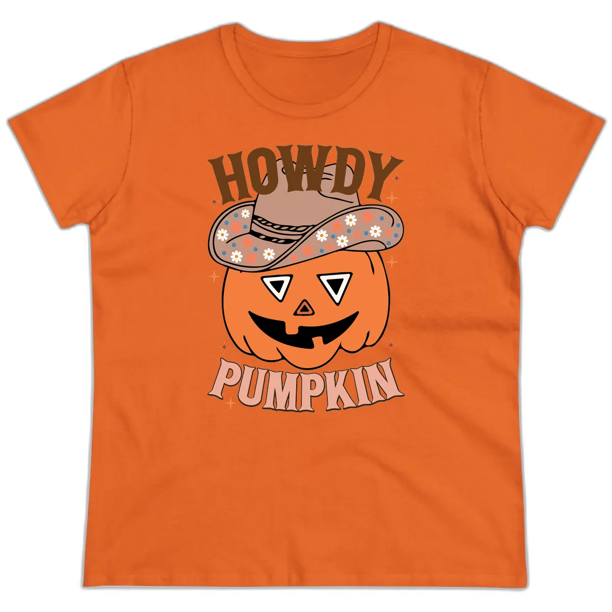 Howdy Pumpkin Cowboy Hat Ladies Tee in Orange