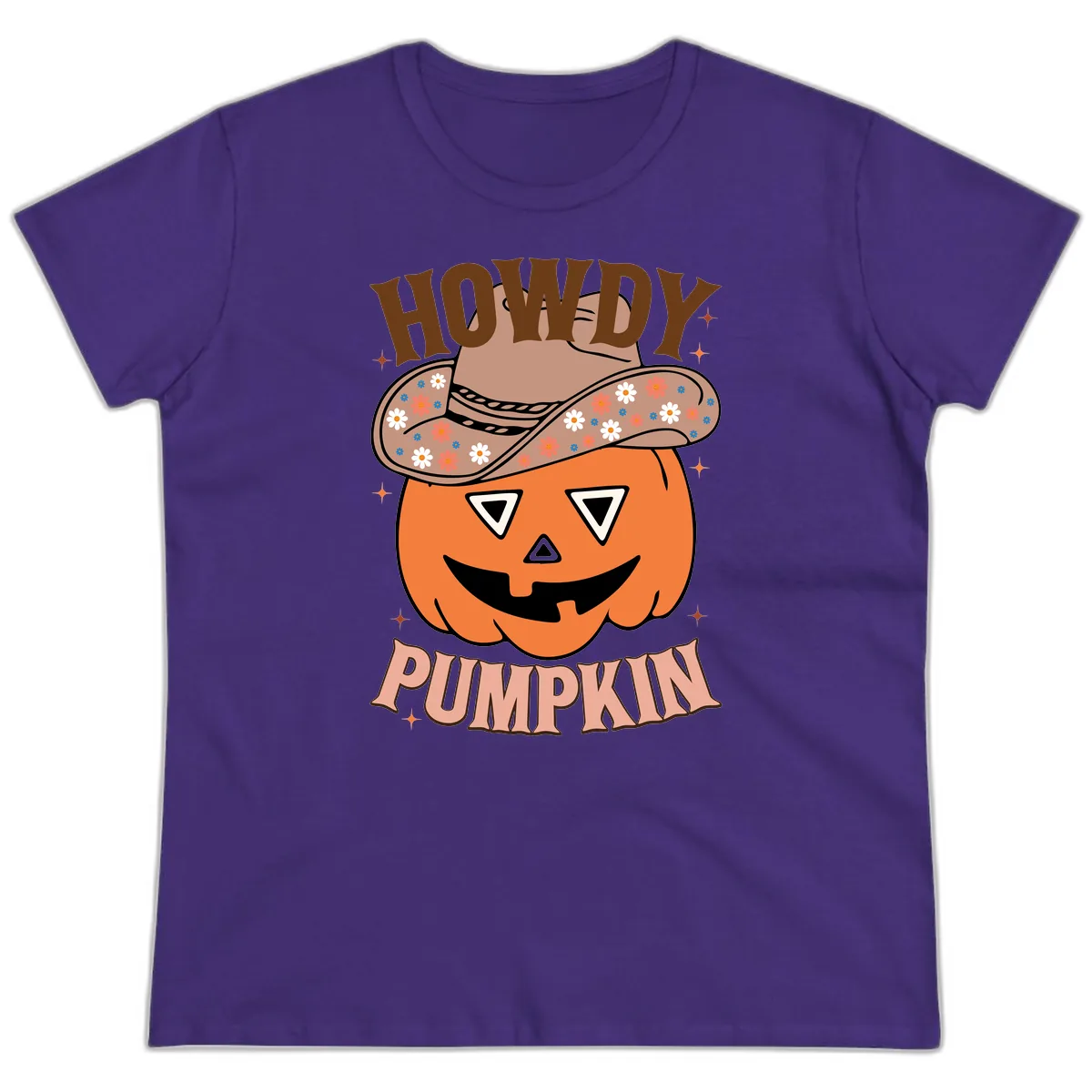 Howdy Pumpkin Cowboy Hat Ladies Tee in Purple