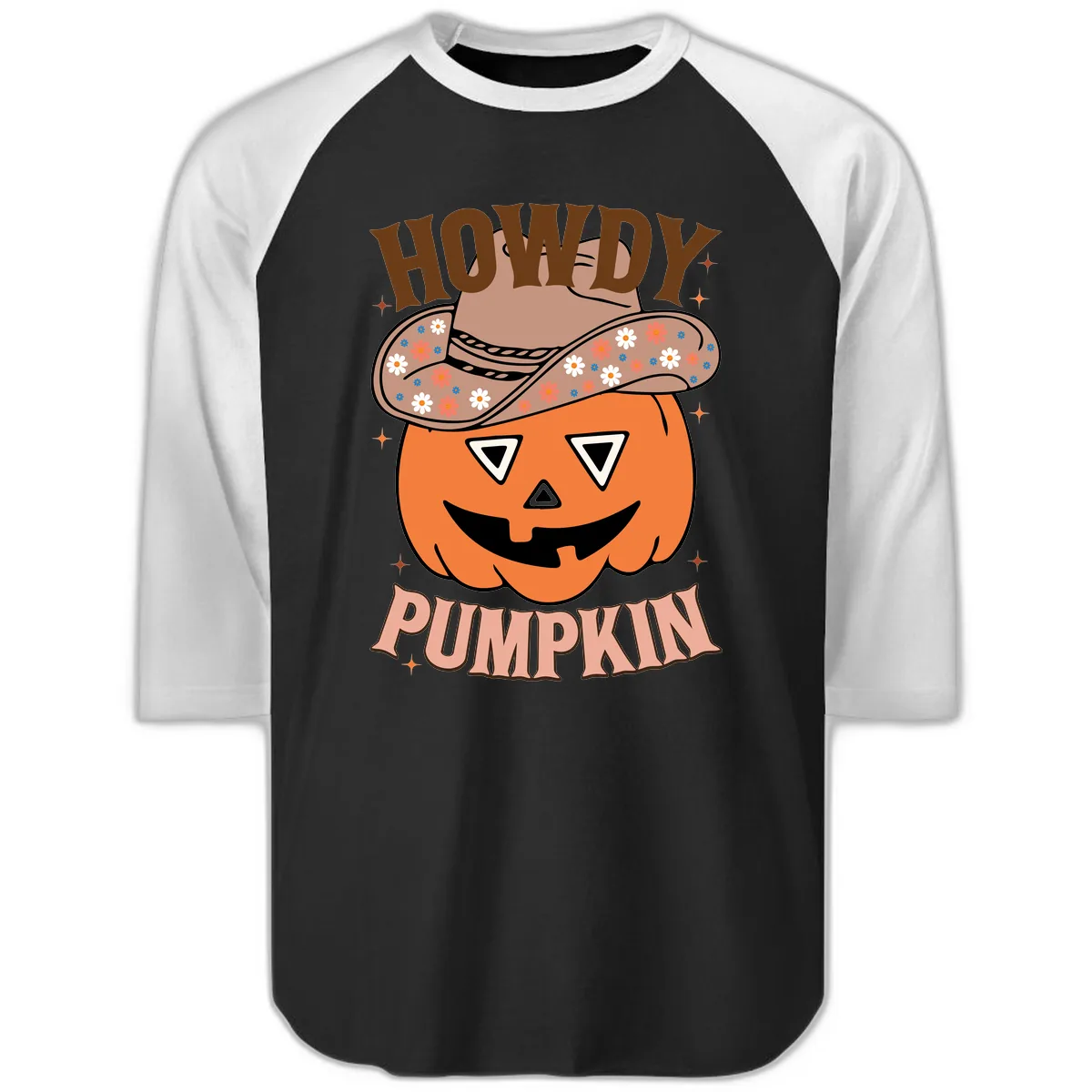 Howdy Pumpkin Cowboy Hat Raglan 3/4 in Black White