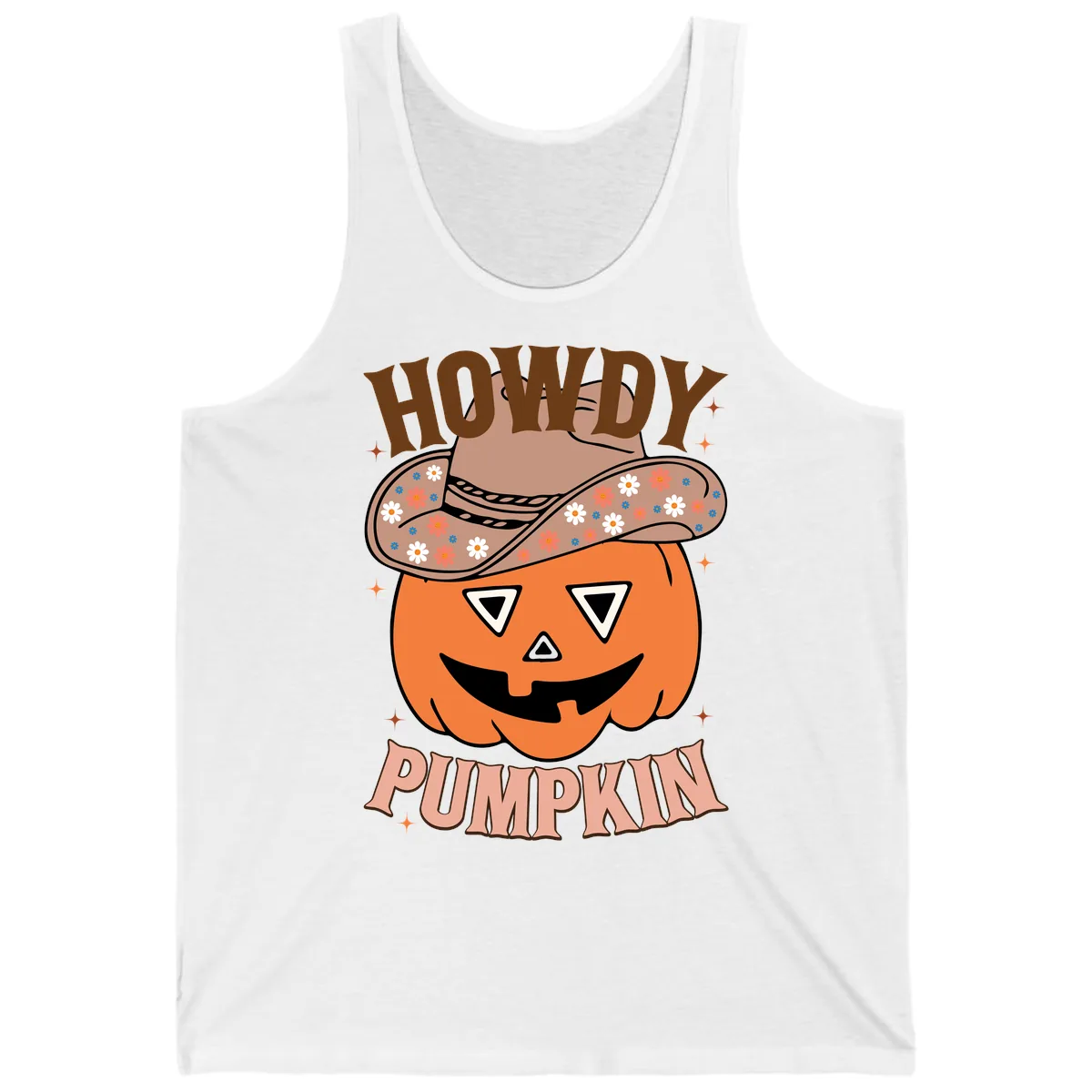 Howdy Pumpkin Cowboy Hat Tank in White