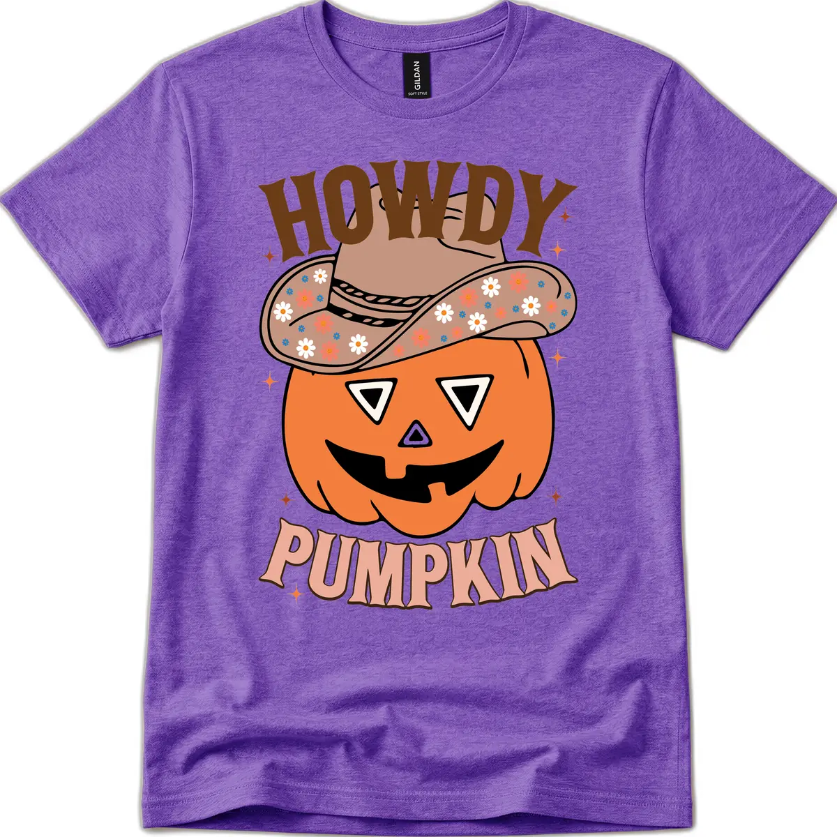 Howdy Pumpkin Cowboy Hat T-Shirt in Heather Purple
