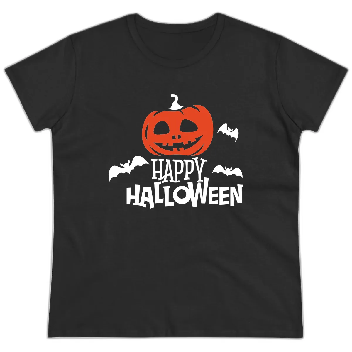 Happy Halloween Pumpkin Bats Ladies Tee in Black