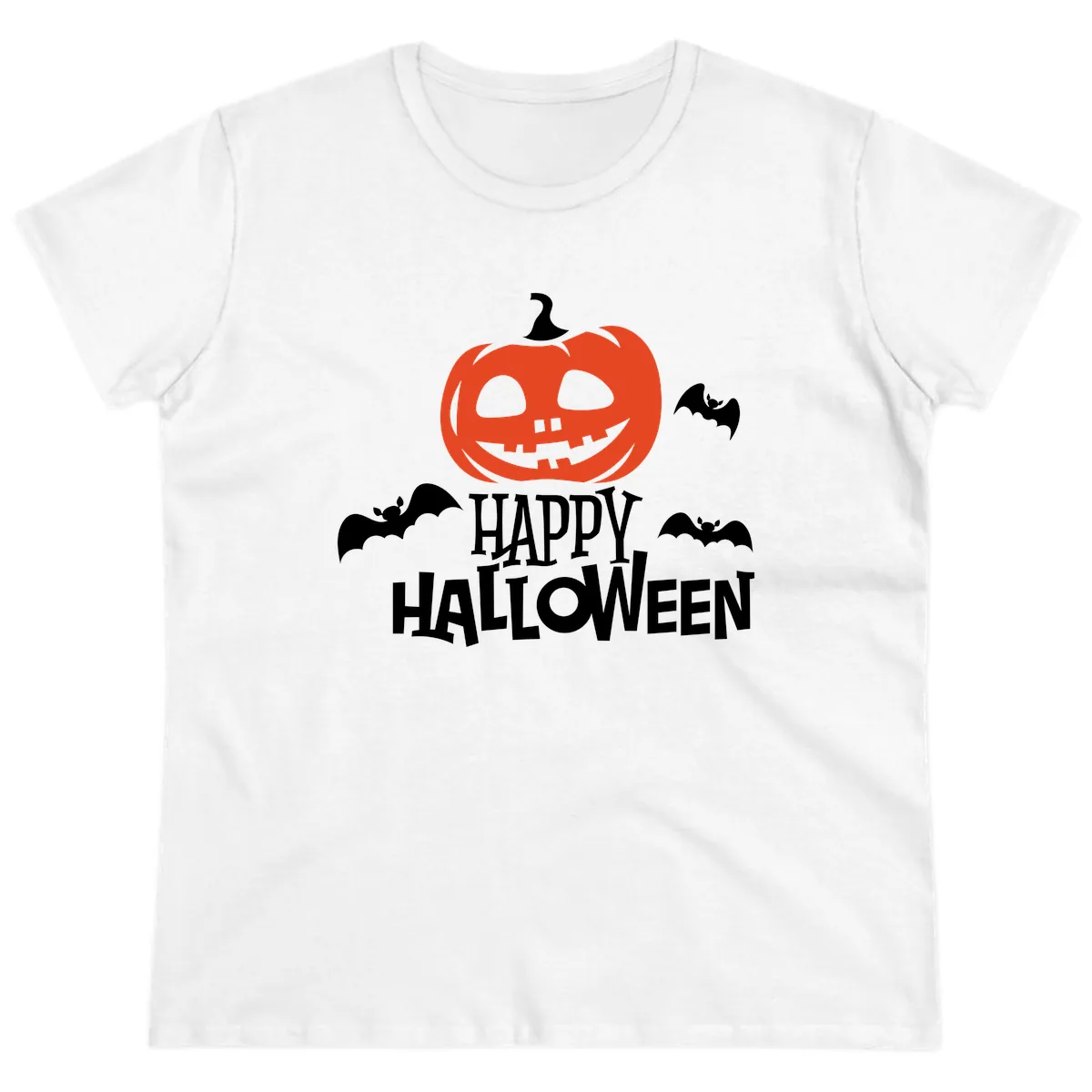 Happy Halloween Pumpkin Bats Ladies Tee in White