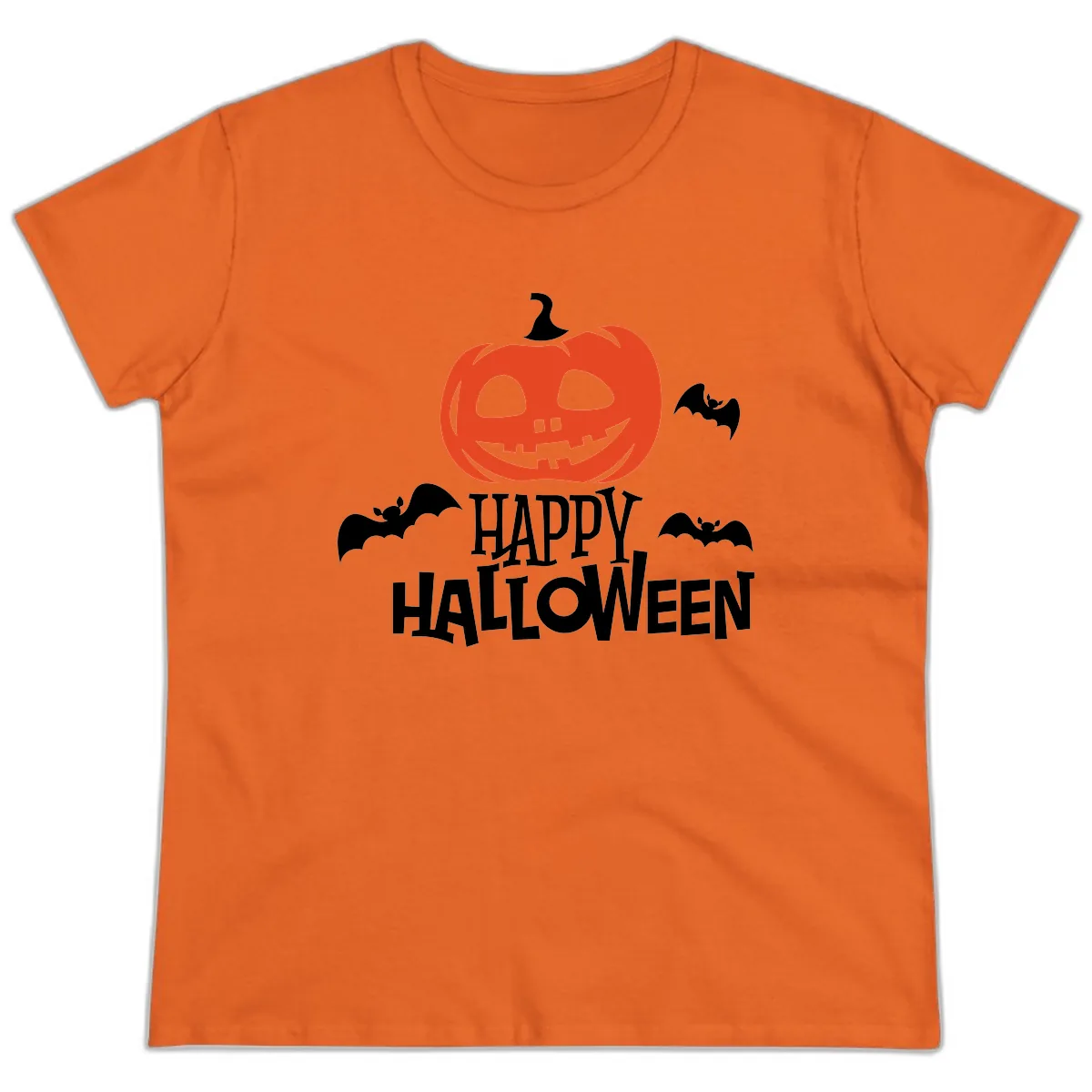 Happy Halloween Pumpkin Bats Ladies Tee in Orange