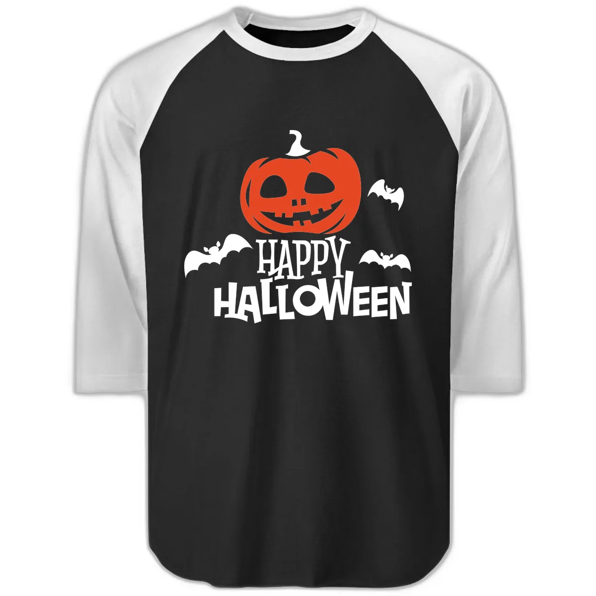 Happy Halloween Pumpkin Bats Raglan 3/4 in Black White