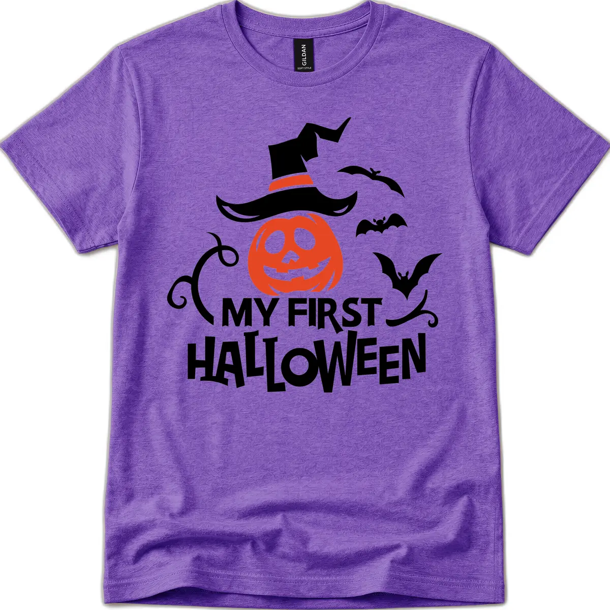 My First Halloween Pumpkin Design T-Shirt in Heather Purple
