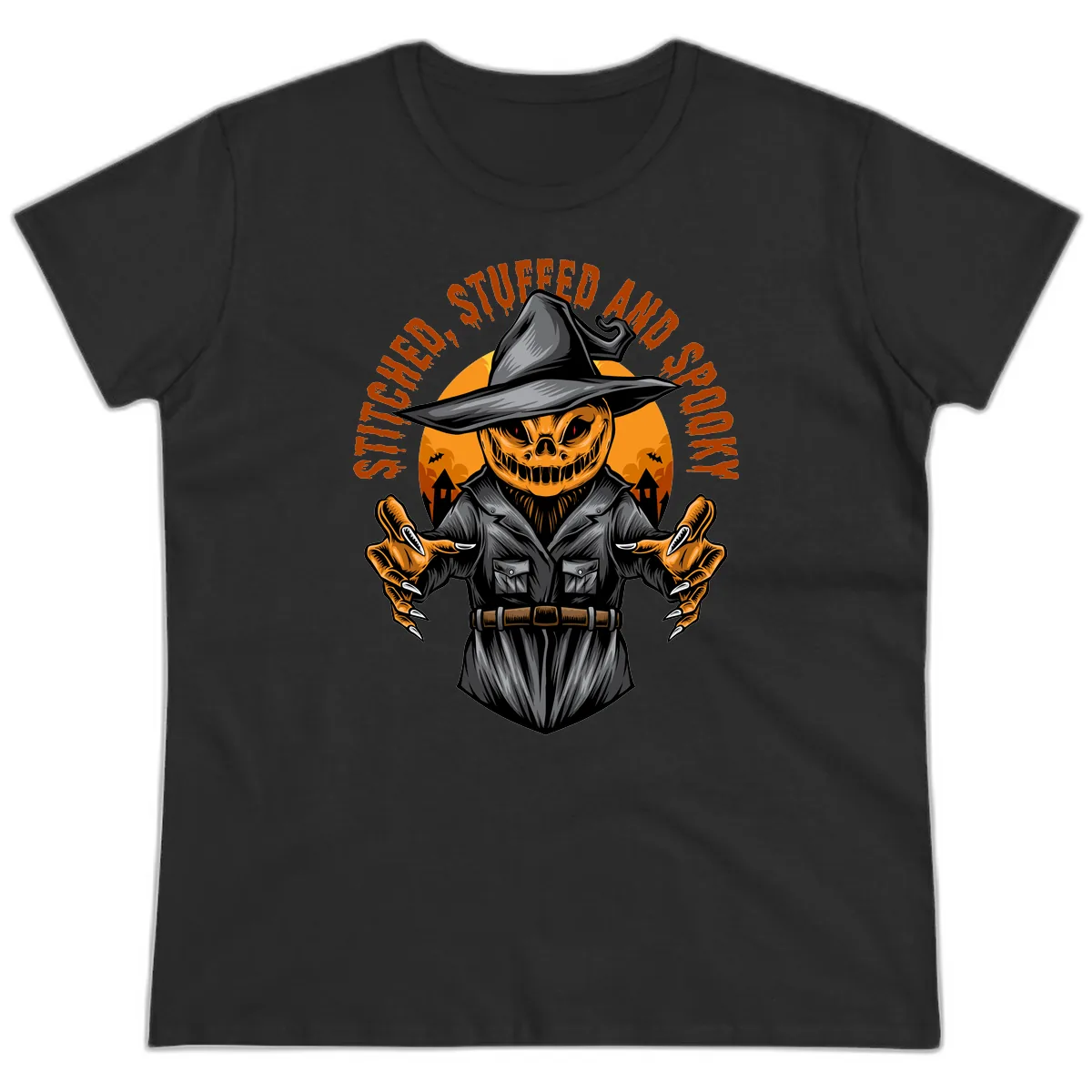 Stitched, Stuffed, and Spooky Jack-o-Lantern Ladies Tee in Black