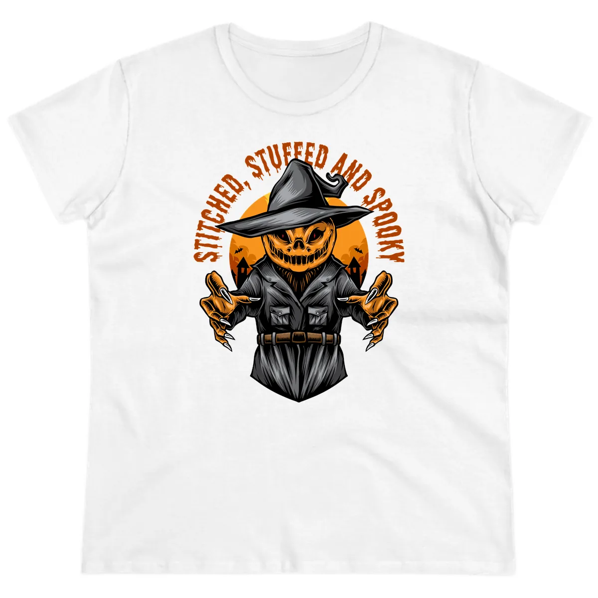 Stitched, Stuffed, and Spooky Jack-o-Lantern Ladies Tee in White