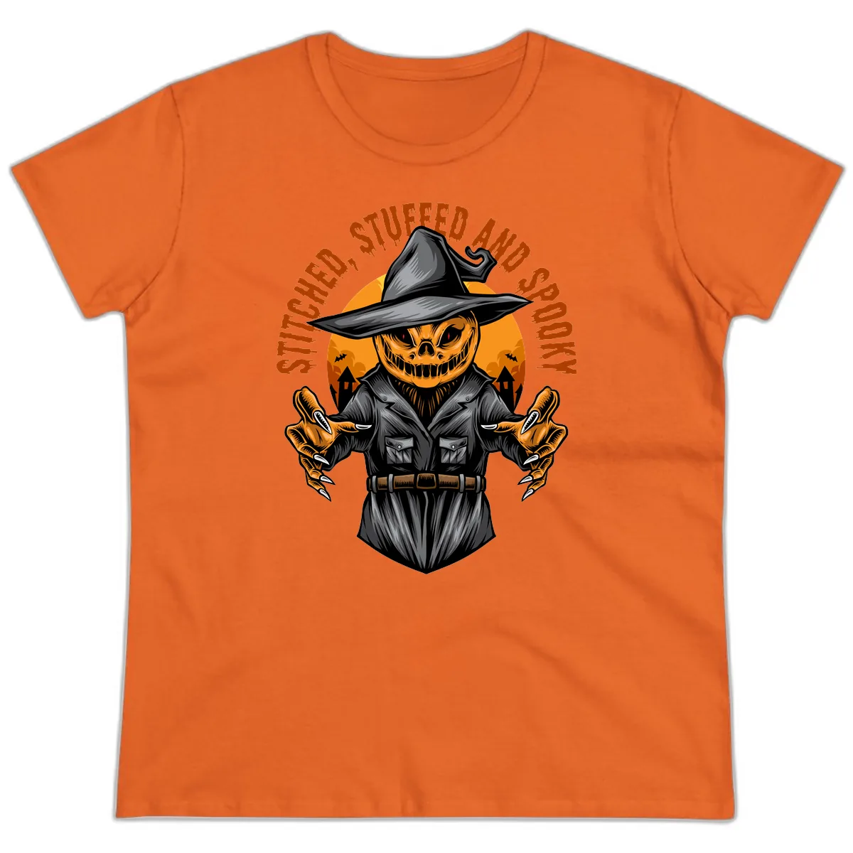 Stitched, Stuffed, and Spooky Jack-o-Lantern Ladies Tee in Orange