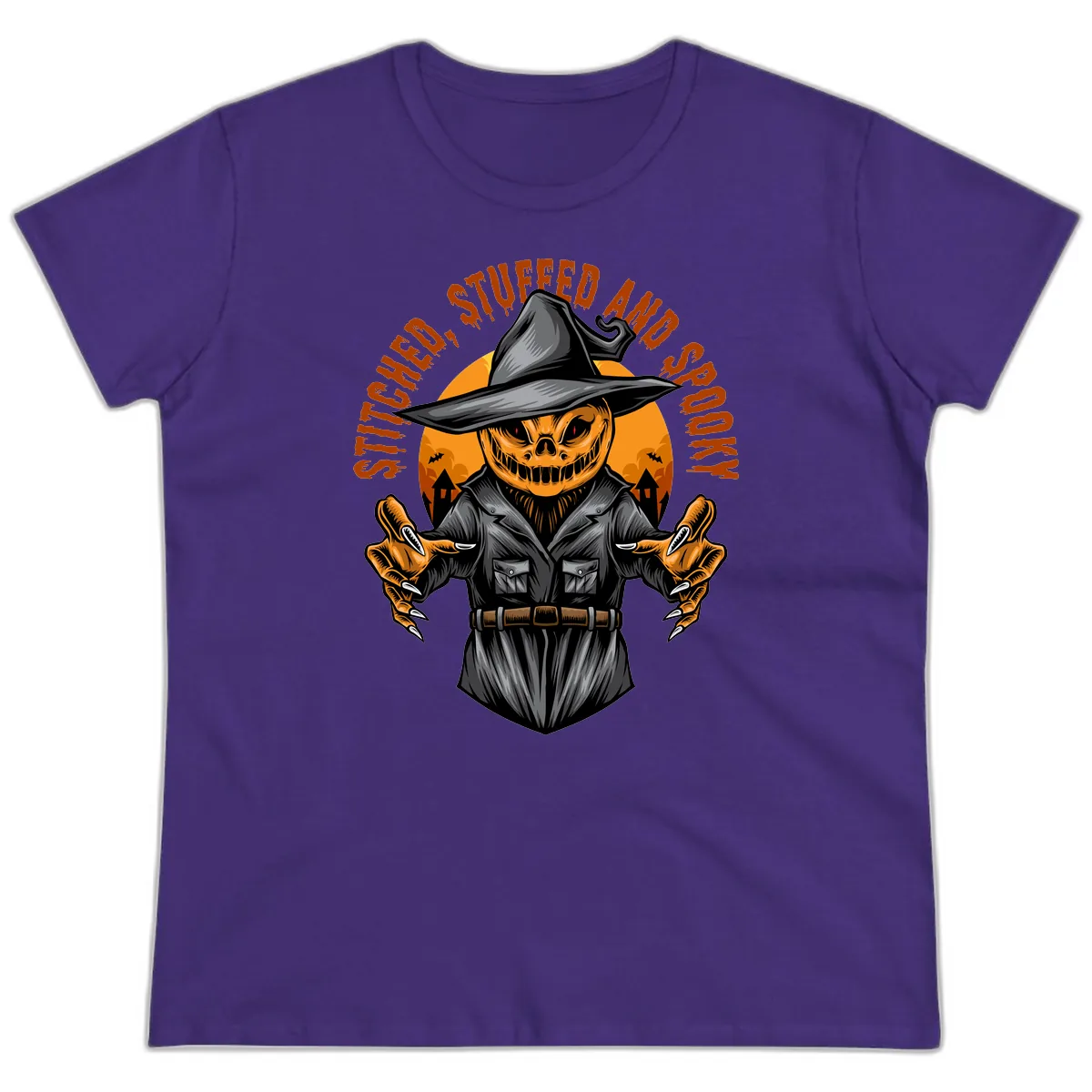 Stitched, Stuffed, and Spooky Jack-o-Lantern Ladies Tee in Purple