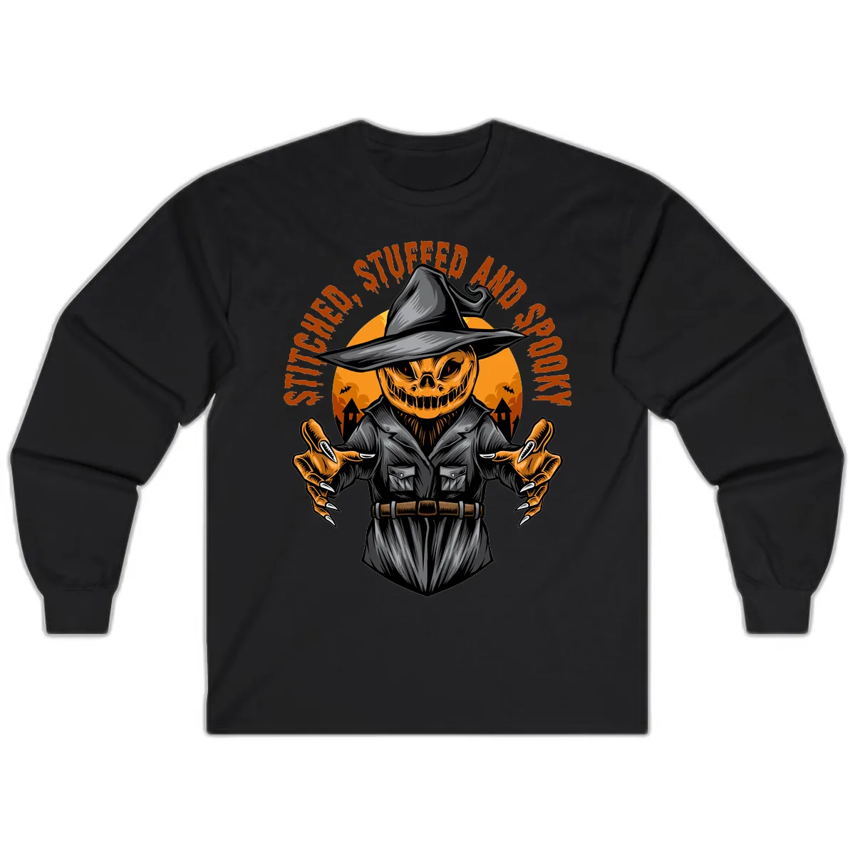Stitched, Stuffed, and Spooky Jack-o-Lantern Long Sleeve in Black