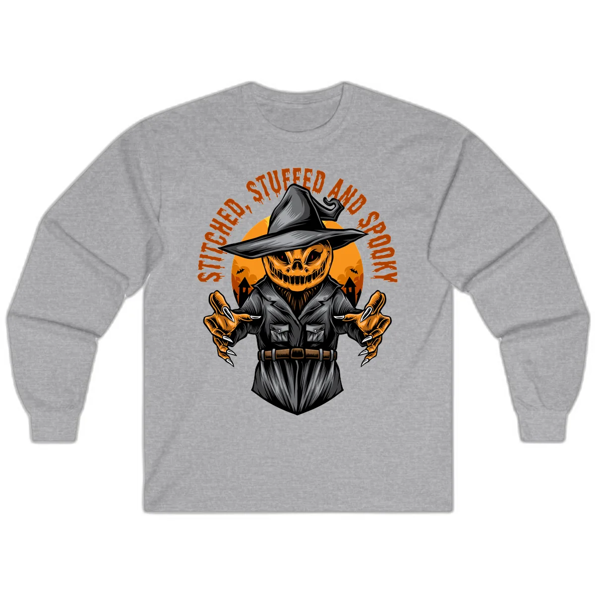 Stitched, Stuffed, and Spooky Jack-o-Lantern Long Sleeve in Sport Grey