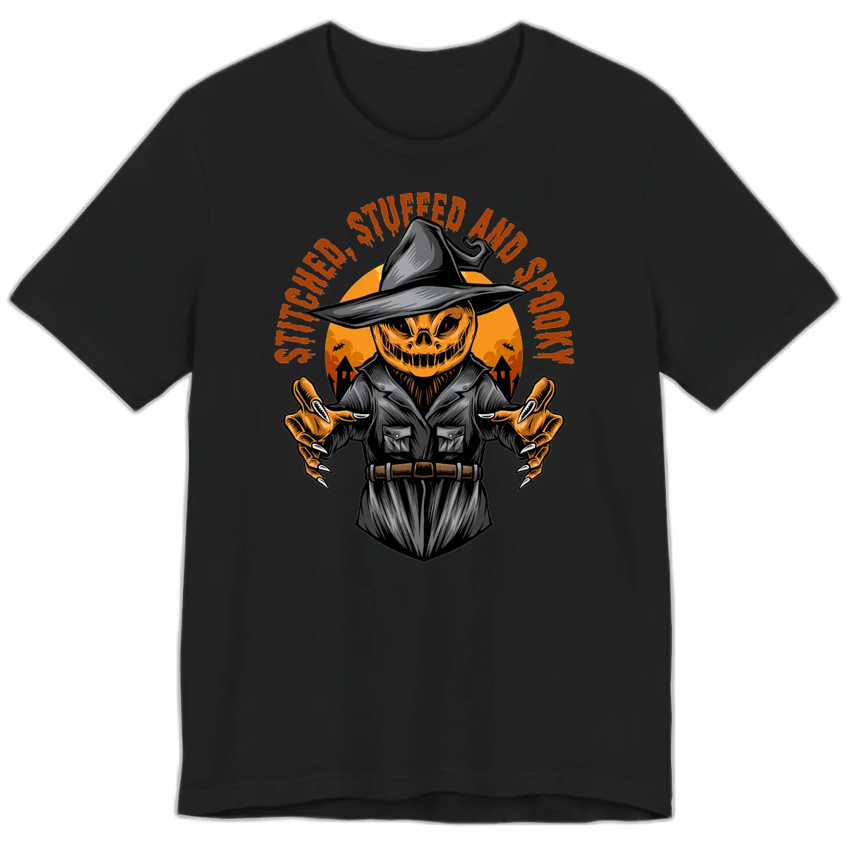 Stitched, Stuffed, and Spooky Jack-o-Lantern Premium T-Shirt in Black