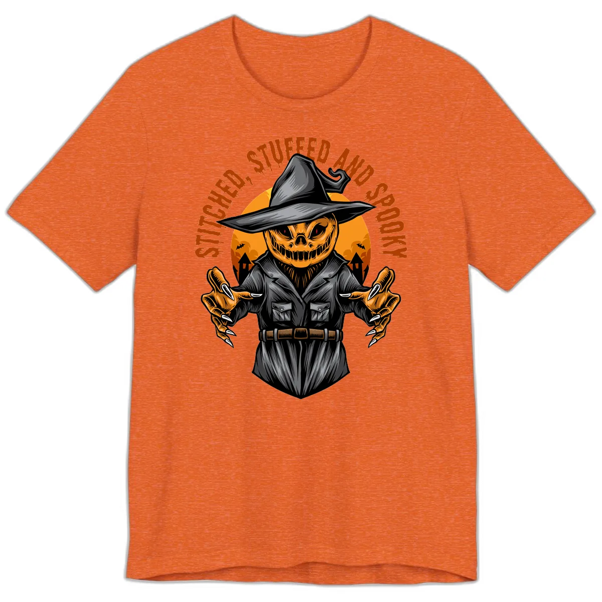 Stitched, Stuffed, and Spooky Jack-o-Lantern Premium T-Shirt in Heather Orange