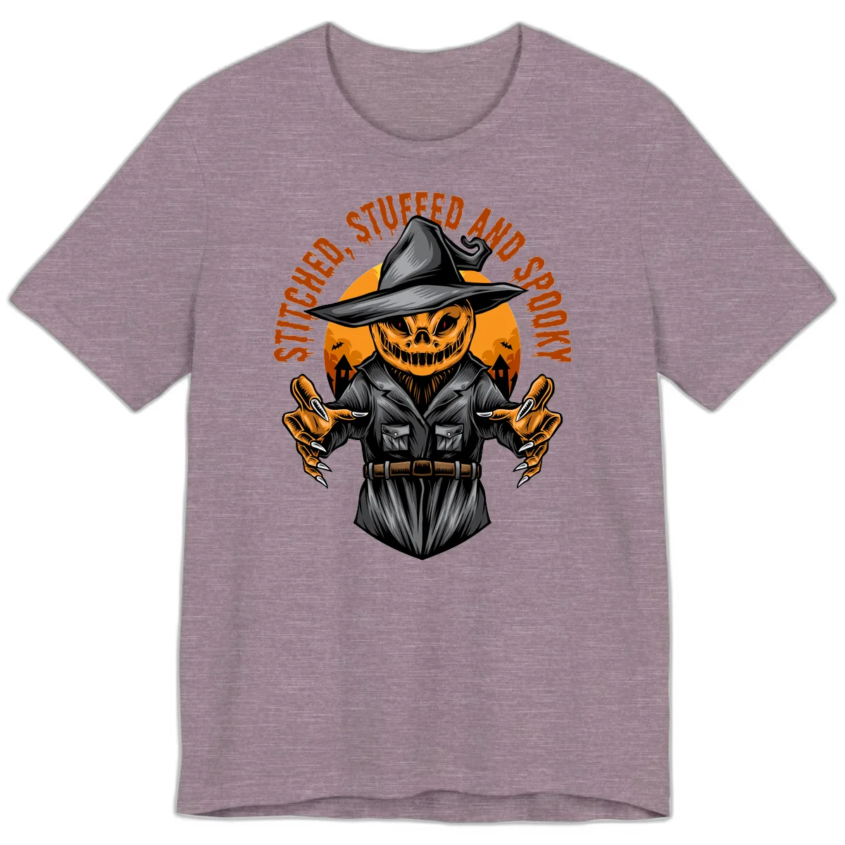 Stitched, Stuffed, and Spooky Jack-o-Lantern Premium T-Shirt in Heather Purple