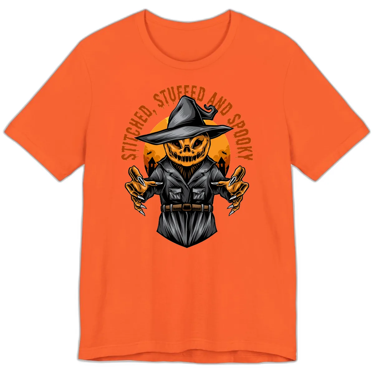Stitched, Stuffed, and Spooky Jack-o-Lantern Premium T-Shirt in Orange