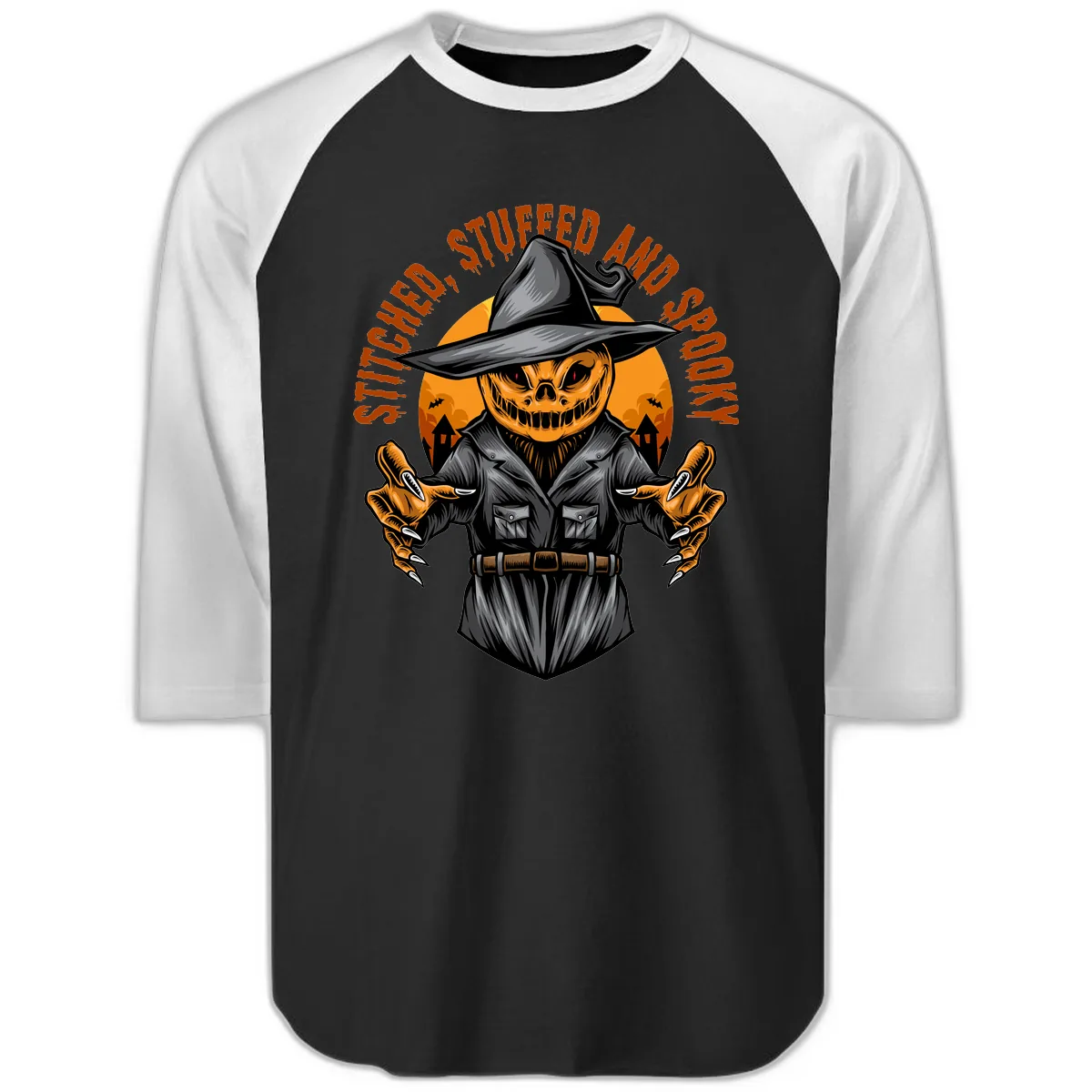 Stitched, Stuffed, and Spooky Jack-o-Lantern Raglan 3/4 in Black White